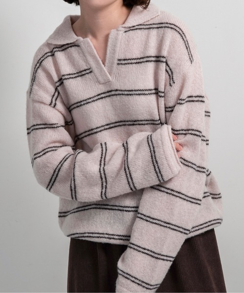 lawgy(ラウジー)の「loose double border key neck knit / ルースダブルボーダーキーネックニット(ニット/セーター・レディース・グレー/ベビーピンク/ホワイト・FREE)」の11枚目の写真