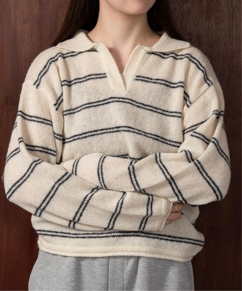 lawgy(ラウジー)の「loose double border key neck knit / ルースダブルボーダーキーネックニット(ニット/セーター・レディース・グレー/ベビーピンク/ホワイト・FREE)」の6枚目の写真