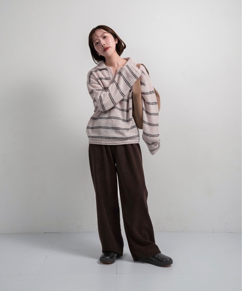 lawgy(ラウジー)の「loose double border key neck knit / ルースダブルボーダーキーネックニット(ニット/セーター・レディース・グレー/ベビーピンク/ホワイト・FREE)」の14枚目の写真