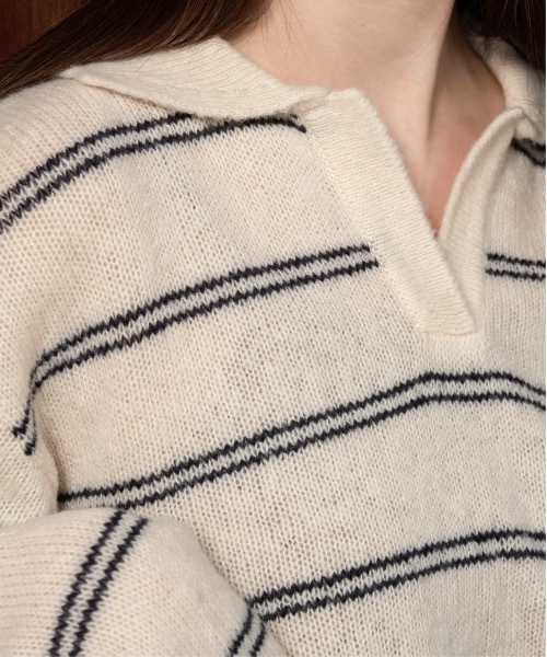 lawgy(ラウジー)の「loose double border key neck knit / ルースダブルボーダーキーネックニット(ニット/セーター・レディース・グレー/ベビーピンク/ホワイト・FREE)」の8枚目の写真