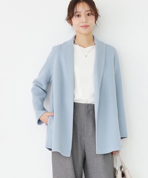 COUP DE CHANCE（クードシャンス）の「【リバー仕立て／裏地無し】軽く羽織れるウールリバーコート（ステンカラーコート・レディース・アイボリー/ライトブルー/ネイビー・34/36/38/40）」の4枚目の写真