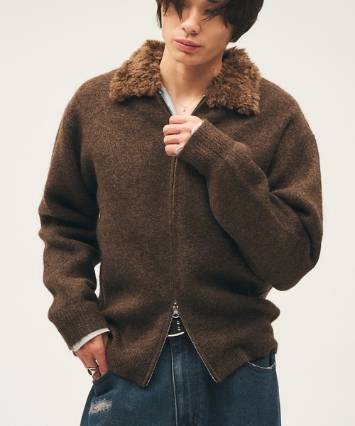 セール】Faux Fur Collar Double Zip Knit / ファーダブルジップニット
