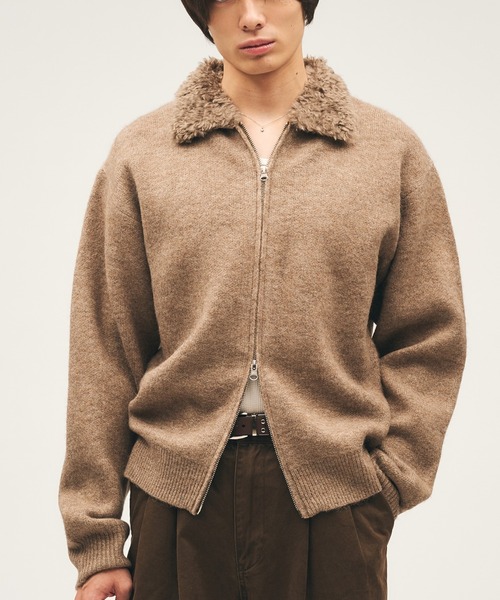 セール】Faux Fur Collar Double Zip Knit / ファーダブルジップニット