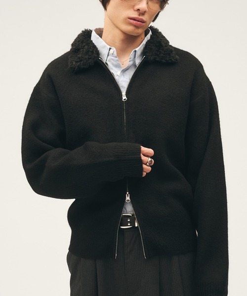 セール】Faux Fur Collar Double Zip Knit / ファーダブルジップニット