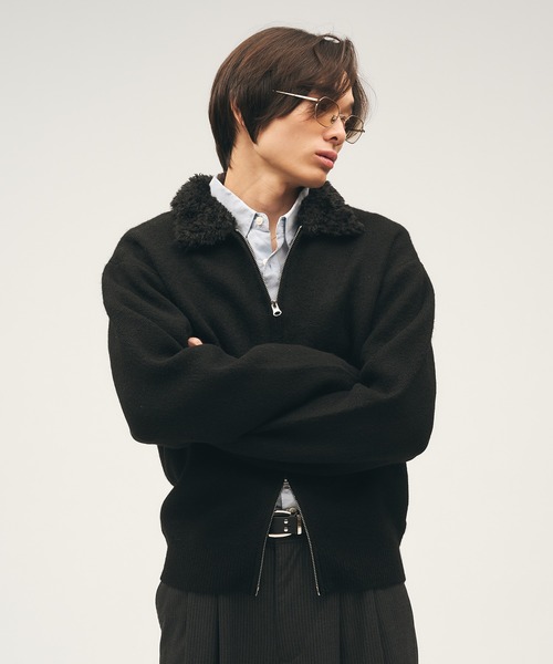 セール】Faux Fur Collar Double Zip Knit / ファーダブルジップニット