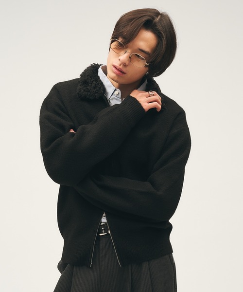 Adoon plain(アドーンプレーン)の「Faux Fur Collar Double Zip Knit / ファーダブルジップニット(ニット/セーター・メンズ・ブラウン/ライトベージュ/ブラック・LARGE/MEDIUM)」の6枚目の写真