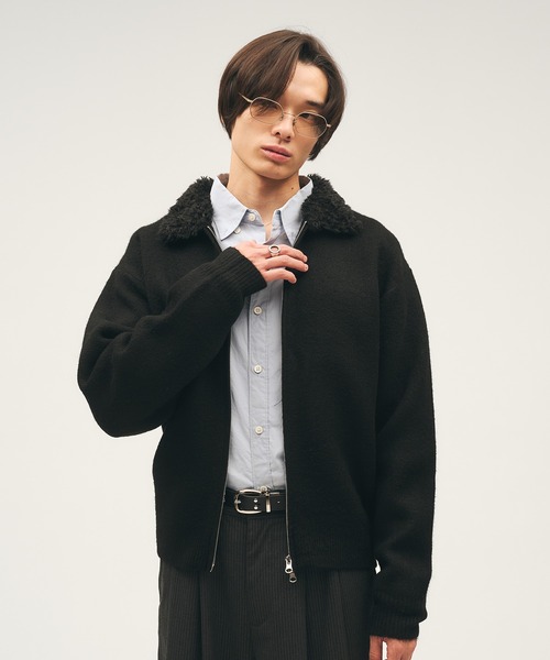 セール】Faux Fur Collar Double Zip Knit / ファーダブルジップニット