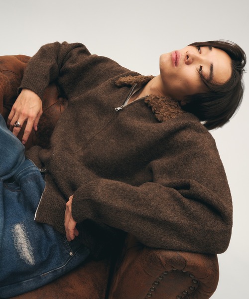 Adoon plain(アドーンプレーン)の「Faux Fur Collar Double Zip Knit / ファーダブルジップニット(ニット/セーター・メンズ・ブラウン/ライトベージュ/ブラック・LARGE/MEDIUM)」の17枚目の写真