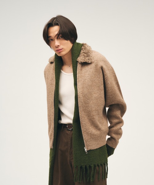 セール】Faux Fur Collar Double Zip Knit / ファーダブルジップニット
