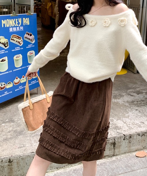 LAC-VERT(ラック・ヴェール)の「コーデュロイミディ丈フリルテープスカート(スカート・レディース・ベージュ/ブラウン・FREE)」の12枚目の写真