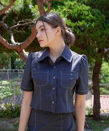 ステッチハーフクロップシャツネイビー[T32]