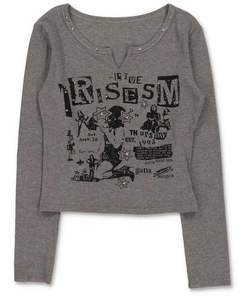 SPINNS(スピンズ)の「スタッズ×グラフィックで差がつく グランジムードトップス(Tシャツ/カットソー・レディース・チャコール/ブラウン/グレー/アイボリー・ONESIZE)」の10枚目の写真
