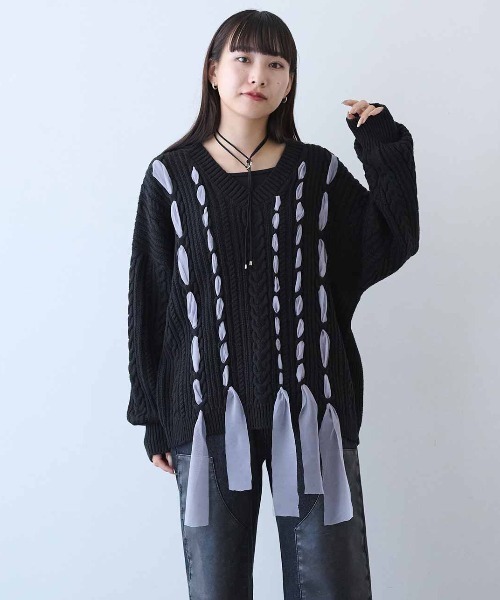 MEDE19F(メデジュウキュウ)の「MEDE19F リボン遣いケーブルニット(ニット/セーター・レディース・ブラック系その他/グレー系その他・LL/L/M)」の3枚目の写真