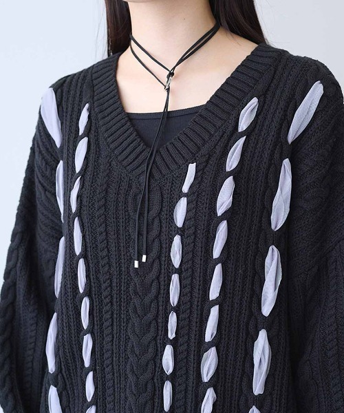 MEDE19F(メデジュウキュウ)の「MEDE19F リボン遣いケーブルニット(ニット/セーター・レディース・ブラック系その他/グレー系その他・LL/L/M)」の14枚目の写真