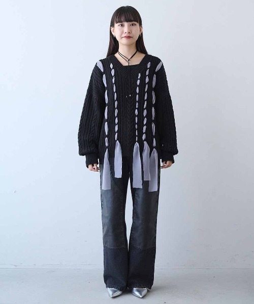 MEDE19F(メデジュウキュウ)の「MEDE19F リボン遣いケーブルニット(ニット/セーター・レディース・ブラック系その他/グレー系その他・LL/L/M)」の4枚目の写真