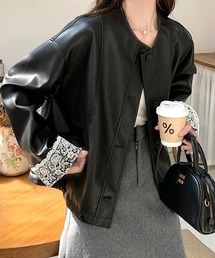 レースカフスノーカラーフェイクレザージャケット