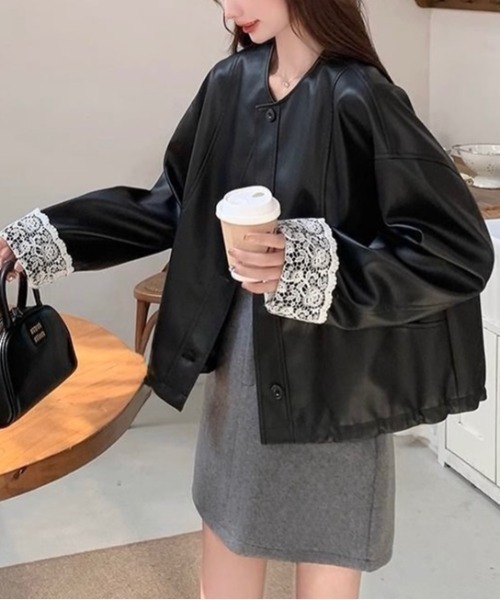 SHEENA（シーナ）の「レースカフスノーカラーフェイクレザージャケット（その他アウター・レディース・ブラック・M）」の14枚目の写真