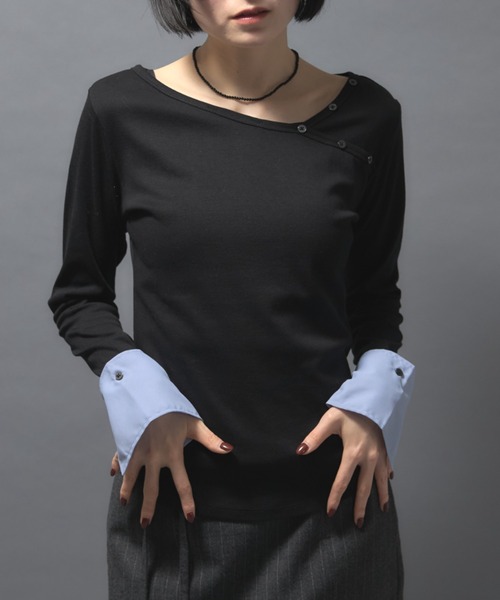 leimn(レイムン)の「シャツレイヤードトップス(Tシャツ/カットソー・レディース・ブラック/グレー・FREE)」の1枚目の写真