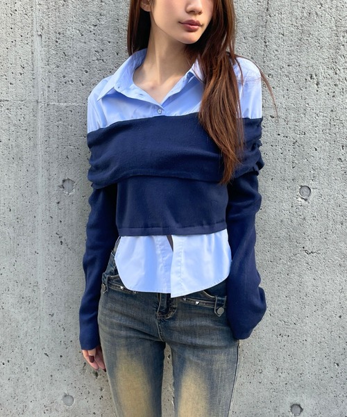 3.3 Field Trip （3.3フィールドトリップ）の「3.3 Field Trip／シャツオフショルニット（ニット/セーター・レディース・ネイビー/グレー/オフホワイト・FREE）」の3枚目の写真