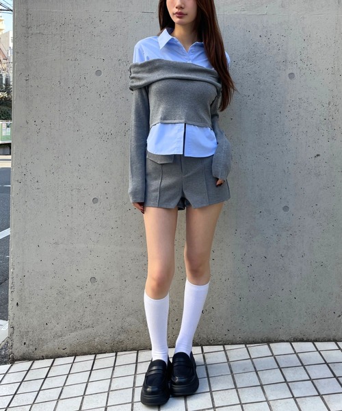 3.3 Field Trip (3.3フィールドトリップ)の「3.3 Field Trip/シャツオフショルニット(ニット/セーター・レディース・ネイビー/グレー/オフホワイト・FREE)」の4枚目の写真
