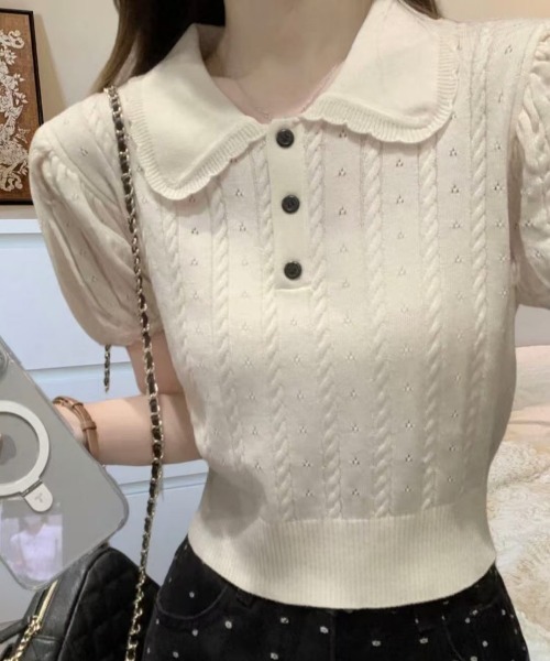 Mejoul（メジュール）の「【2026春夏新作】襟付き配色フリルカラーパフスリーブケーブルポロニットトップス（ニット/セーター・レディース・グレー/ピンク/ホワイト・F）」の2枚目の写真