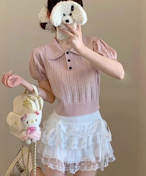 Mejoul（メジュール）の「【2026春夏新作】襟付き配色フリルカラーパフスリーブケーブルポロニットトップス（ニット/セーター・レディース・グレー/ピンク/ホワイト・F）」の10枚目の写真