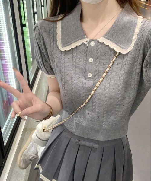 Mejoul（メジュール）の「【2026春夏新作】襟付き配色フリルカラーパフスリーブケーブルポロニットトップス（ニット/セーター・レディース・グレー/ピンク/ホワイト・F）」の6枚目の写真