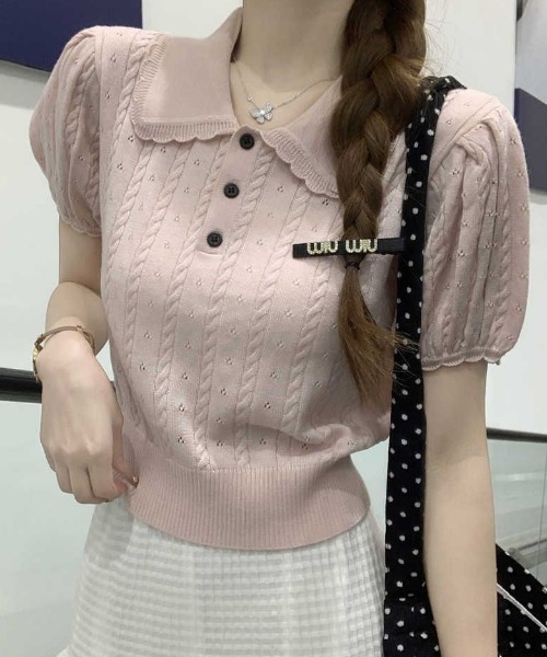 Mejoul（メジュール）の「【2026春夏新作】襟付き配色フリルカラーパフスリーブケーブルポロニットトップス（ニット/セーター・レディース・グレー/ピンク/ホワイト・F）」の13枚目の写真