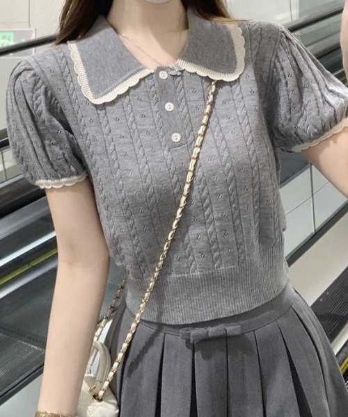 Mejoul（メジュール）の「【2026春夏新作】襟付き配色フリルカラーパフスリーブケーブルポロニットトップス（ニット/セーター・レディース・グレー/ピンク/ホワイト・F）」の7枚目の写真
