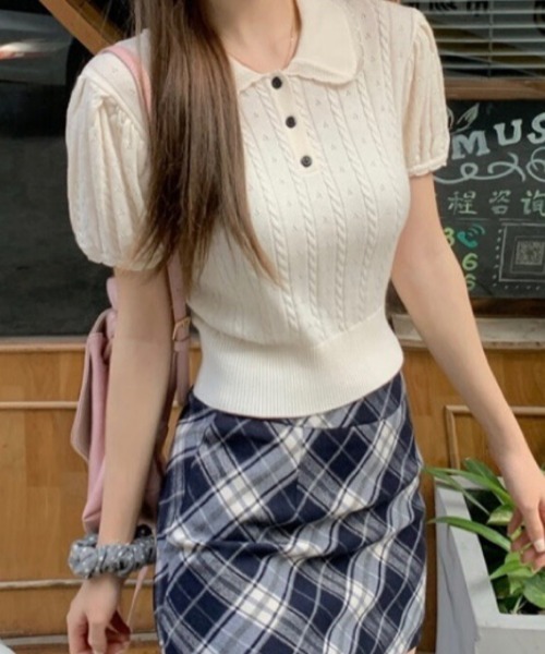 Mejoul（メジュール）の「【2026春夏新作】襟付き配色フリルカラーパフスリーブケーブルポロニットトップス（ニット/セーター・レディース・グレー/ピンク/ホワイト・F）」の5枚目の写真