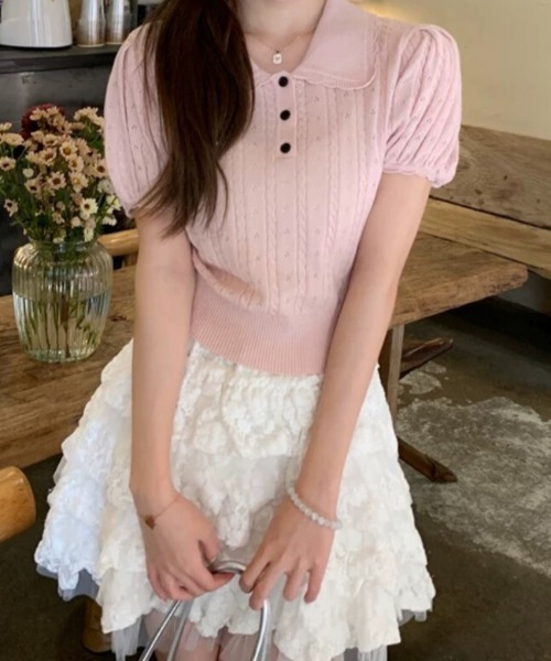 Mejoul（メジュール）の「【2026春夏新作】襟付き配色フリルカラーパフスリーブケーブルポロニットトップス（ニット/セーター・レディース・グレー/ピンク/ホワイト・F）」の12枚目の写真