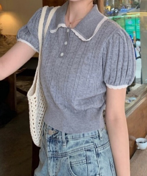 Mejoul（メジュール）の「【2026春夏新作】襟付き配色フリルカラーパフスリーブケーブルポロニットトップス（ニット/セーター・レディース・グレー/ピンク/ホワイト・F）」の9枚目の写真