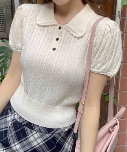 Mejoul（メジュール）の「【2026春夏新作】襟付き配色フリルカラーパフスリーブケーブルポロニットトップス（ニット/セーター・レディース・グレー/ピンク/ホワイト・F）」の4枚目の写真