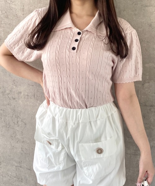 Mejoul(メジュール)の「【2026春夏新作】襟付き配色フリルカラーパフスリーブケーブルポロ半袖ニットトップス(ポロシャツ・レディース・グレー/ピンク/ホワイト・F)」の19枚目の写真