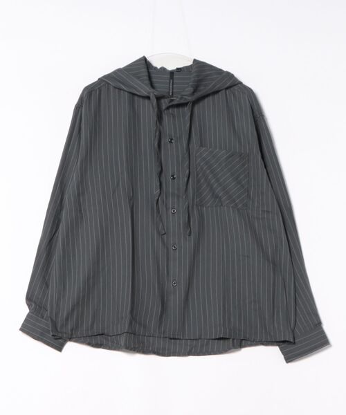 Revo.（レボ）の「オーバーサイズ ストライプ オンブレチェック フードシャツ（シャツ/ブラウス・メンズ・ブルー系その他/ブラック/アイボリー/チャコール/ホワイト系その他/ブラック系その他・L/M）」の6枚目の写真