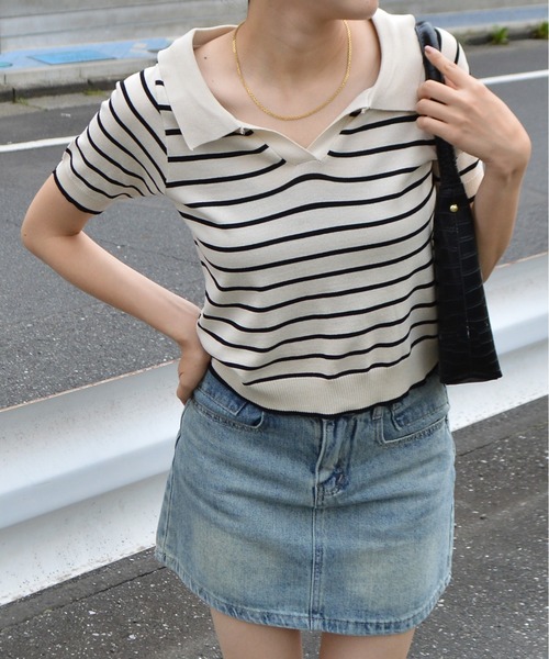 ＆soiree（アンドソワレ）の「スキッパーニットポロトップス（Tシャツ/カットソー・レディース・ホワイト/ブラック・FREE）」の2枚目の写真