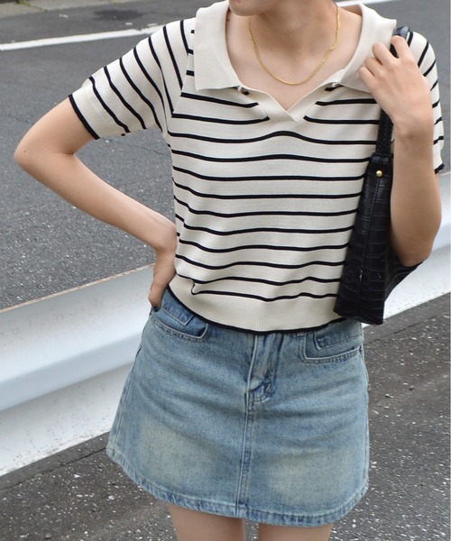 ＆soiree（アンドソワレ）の「スキッパーニットポロトップス（Tシャツ/カットソー・レディース・ホワイト/ブラック・FREE）」の3枚目の写真