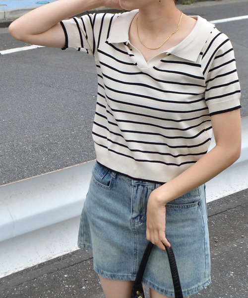 ＆soiree（アンドソワレ）の「スキッパーニットポロトップス（Tシャツ/カットソー・レディース・ホワイト/ブラック・FREE）」の4枚目の写真