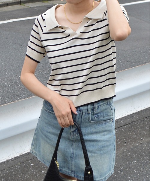 ＆soiree（アンドソワレ）の「スキッパーニットポロトップス（Tシャツ/カットソー・レディース・ホワイト/ブラック・FREE）」の5枚目の写真