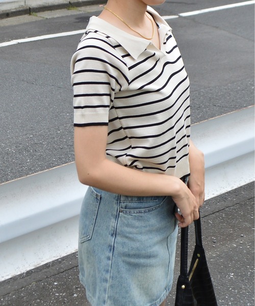 ＆soiree（アンドソワレ）の「スキッパーニットポロトップス（Tシャツ/カットソー・レディース・ホワイト/ブラック・FREE）」の6枚目の写真