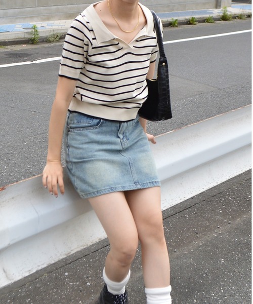＆soiree（アンドソワレ）の「スキッパーニットポロトップス（Tシャツ/カットソー・レディース・ホワイト/ブラック・FREE）」の8枚目の写真
