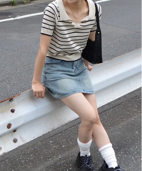 ＆soiree（アンドソワレ）の「スキッパーニットポロトップス（Tシャツ/カットソー・レディース・ホワイト/ブラック・FREE）」の9枚目の写真