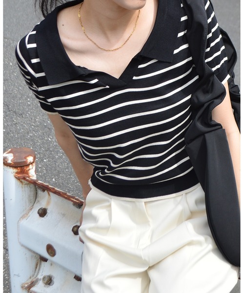 ＆soiree（アンドソワレ）の「スキッパーニットポロトップス（Tシャツ/カットソー・レディース・ホワイト/ブラック・FREE）」の11枚目の写真