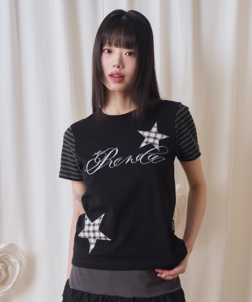 PRENDA(プレンダ)の「CHECK STAR STRIPE CREWNECK TEE BLACK(Tシャツ/カットソー・レディース・その他・F)」の1枚目の写真
