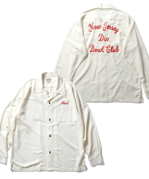 HOUSTON（ヒューストン）の「［HOUSTON ヒューストン］NEW JERSEY EMB RAYON BOWLING L/S SHIRT ニュージャージー ロゴ チェーン刺繍 ボウリングシャツ 長袖 / オープンカラーシャツ / 開襟シャツ（シャツ/ブラウス・メンズ・オフホワイト/ブラック/サーモンピンク・M/XL/L）」の2枚目の写真