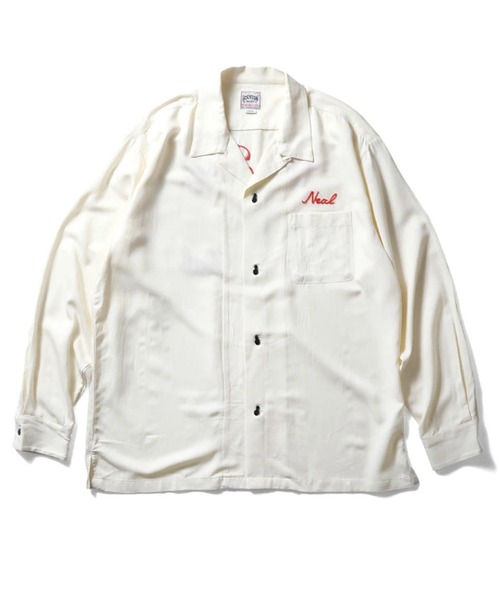 HOUSTON（ヒューストン）の「［HOUSTON ヒューストン］NEW JERSEY EMB RAYON BOWLING L/S SHIRT ニュージャージー ロゴ チェーン刺繍 ボウリングシャツ 長袖 / オープンカラーシャツ / 開襟シャツ（シャツ/ブラウス・メンズ・オフホワイト/ブラック/サーモンピンク・M/XL/L）」の4枚目の写真