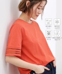 【二の腕カバー/UV】袖口透かし刺繍Tシャツ