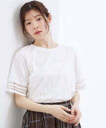 【二の腕カバー/UV】袖口透かし刺繍Tシャツ