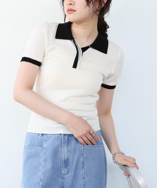 Bab（バブ）の「配色ポロ衿ニットプルオーバー（Tシャツ/カットソー・レディース・アイボリー/ネイビー・MEDIUM）」の3枚目の写真