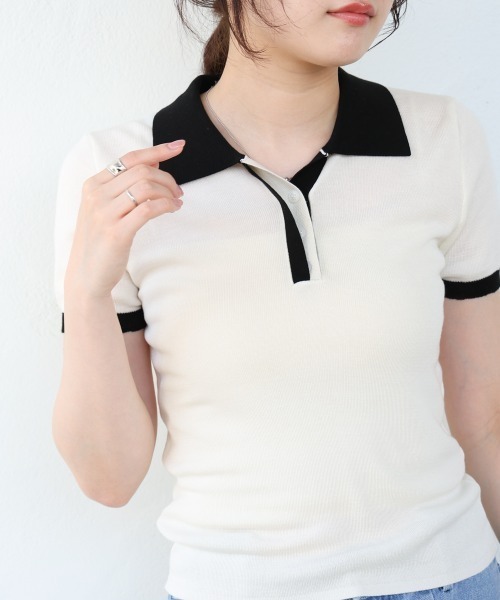 Bab（バブ）の「配色ポロ衿ニットプルオーバー（Tシャツ/カットソー・レディース・アイボリー/ネイビー・MEDIUM）」の5枚目の写真